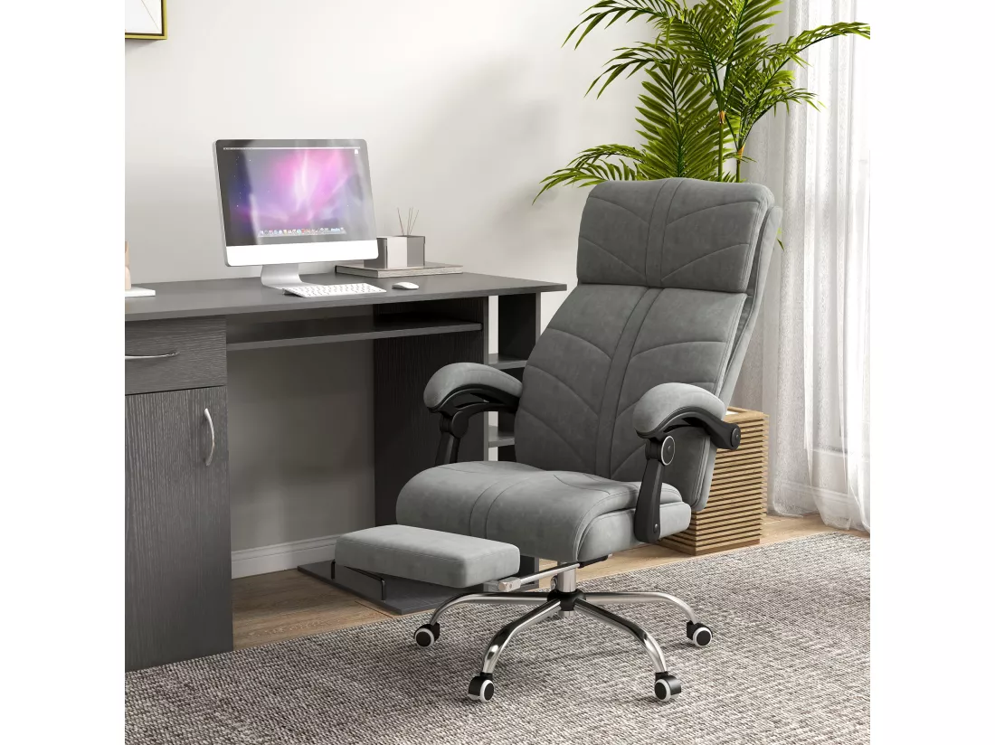 Fauteuil de bureau direction massant chauffant inclinable réglable repose-pied intégré tissu toucher flanelle grise