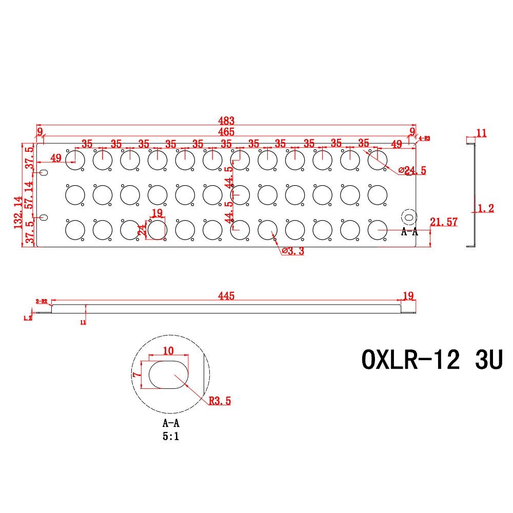 Prodjuser 3U XLR-12 metalen chassis paneel voor 36 XLR