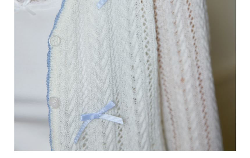 Zeedaren - Plus Size Contrast Trim Bow Pointelle Cardigan