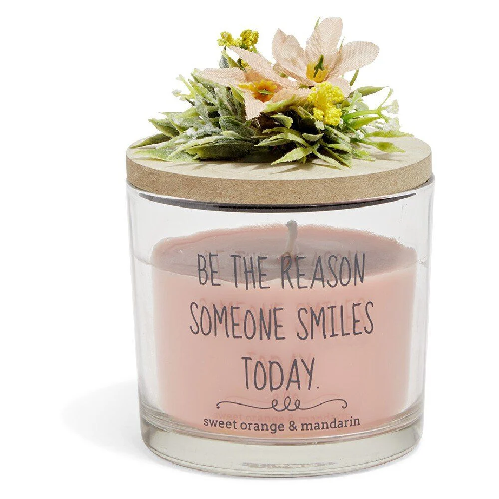 Bougie parfumée dans verre couvercle bois fleur message