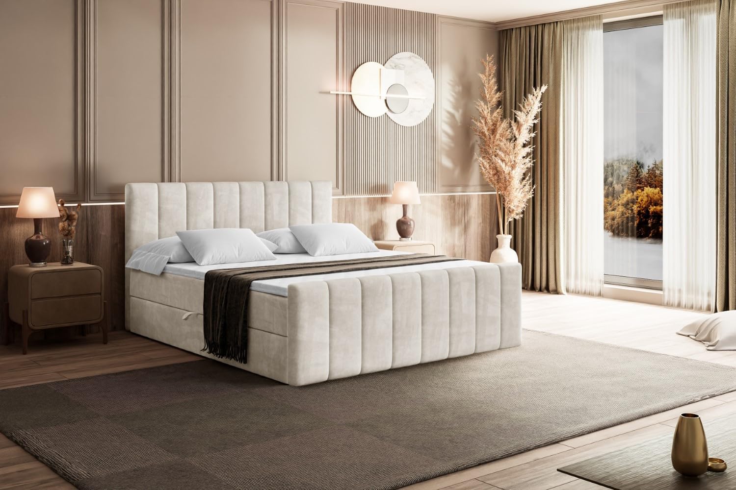 ALTDECOR Boxspringbett mit Matratze und Lattenrost, Boxbett, Topper, Fußteil, Polsterbett mit Bettkasten, Bett mit Stauraum H3-Matratze, Doppelbett, Springboxbett - OTTA-Z - 200x200 Beige Samt