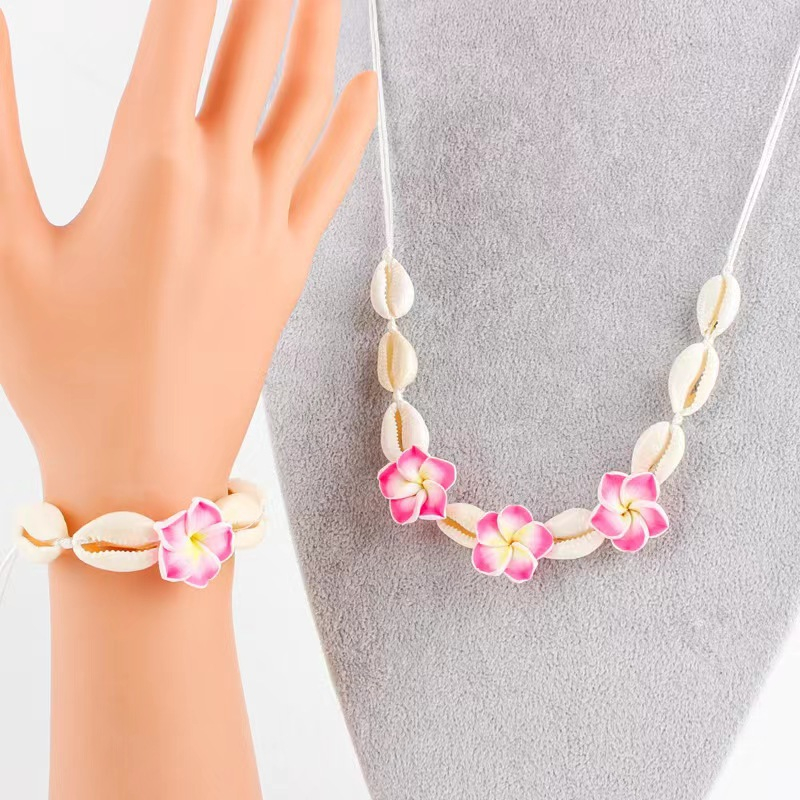 (180-240mm) Geflochtenes Muschel Armband Sommer Modeschmuck Boho Armkette mit Blume - Weiss / Pink
