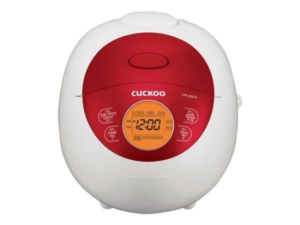 Cuckoo CR-0351F, Rice Cooker, White & Red, 0,54 L, Aluminium, LCD, 1,2 m cable