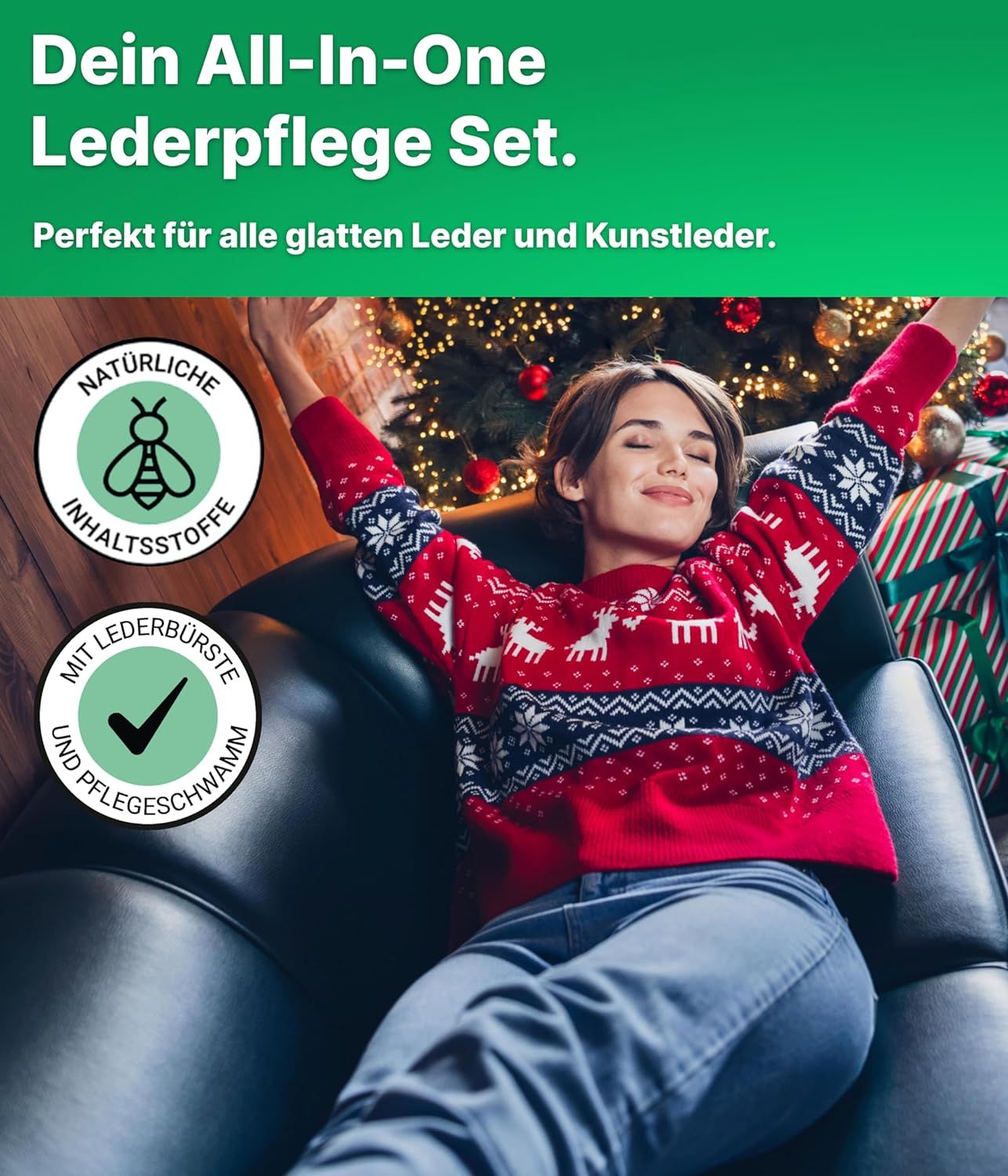 Emma Grün® Leder Komplettset mit Lederreiniger & Lotion inkl. wiederverwendbarem Schwamm & Bürste