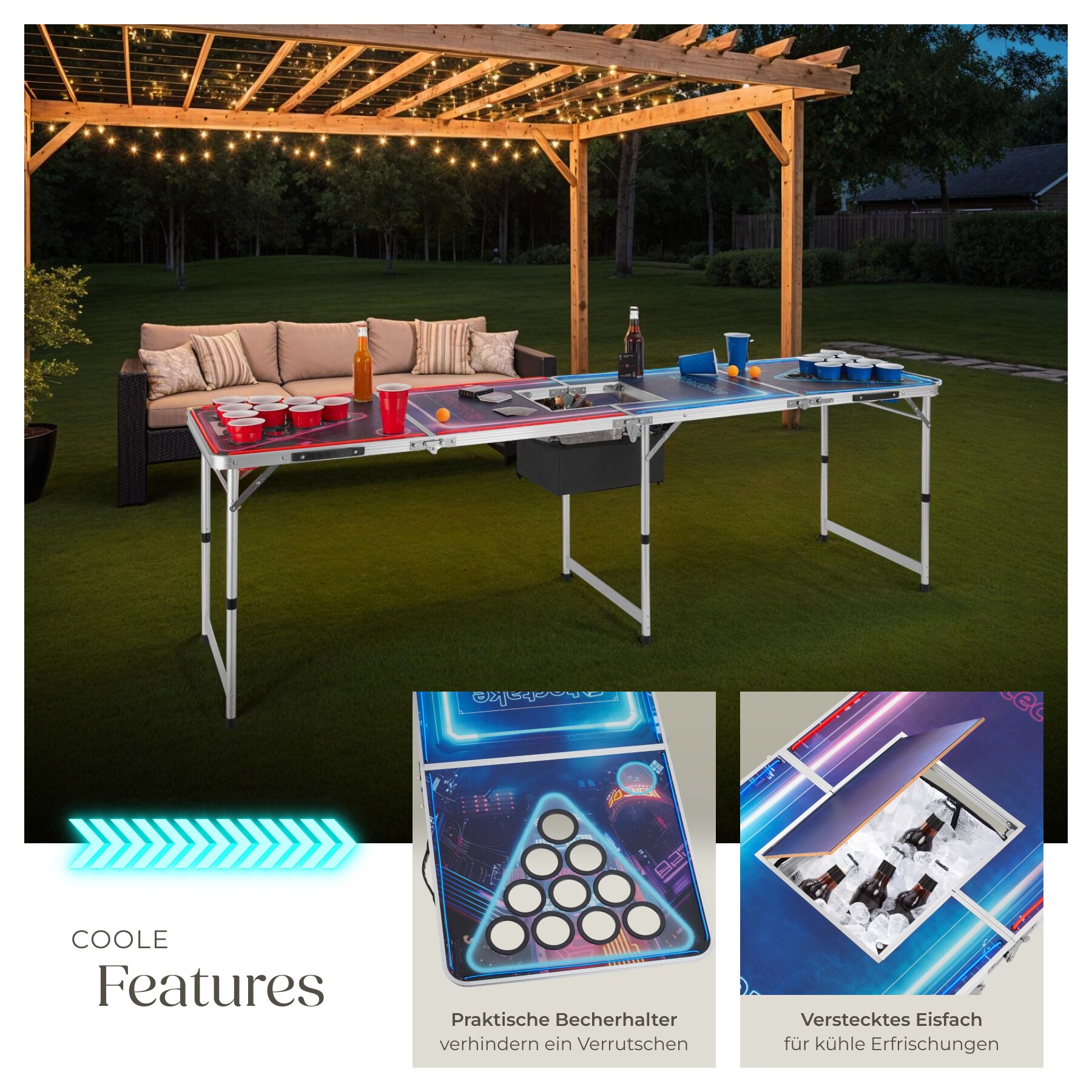 tectake® Bierpongtisch, aus Aluminium, mit Eisfach, Becherlöchern, LED-Beleuchtung, bodenschonende Kunststofffüße, inklusive 100 Bechern, 6 Bällen und Kartentrinkspiel