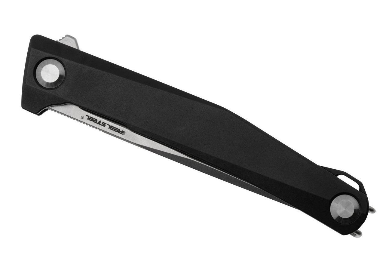 Real Steel Teres Flipper 7111BS Nitro-V Satin, Black Aluminum, zakmes, Poltergeist design