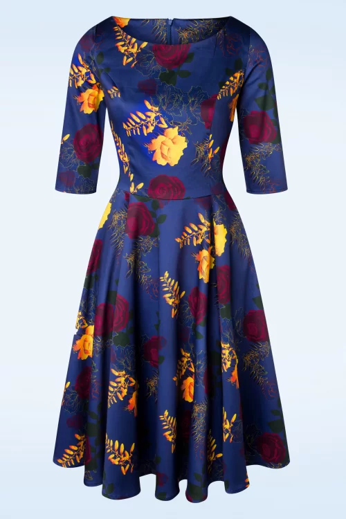 Topvintage Boutique Collection Exclusief bij Topvintage ~Adriana Swingjurk met lange mouwen en bloemen in marineblauw