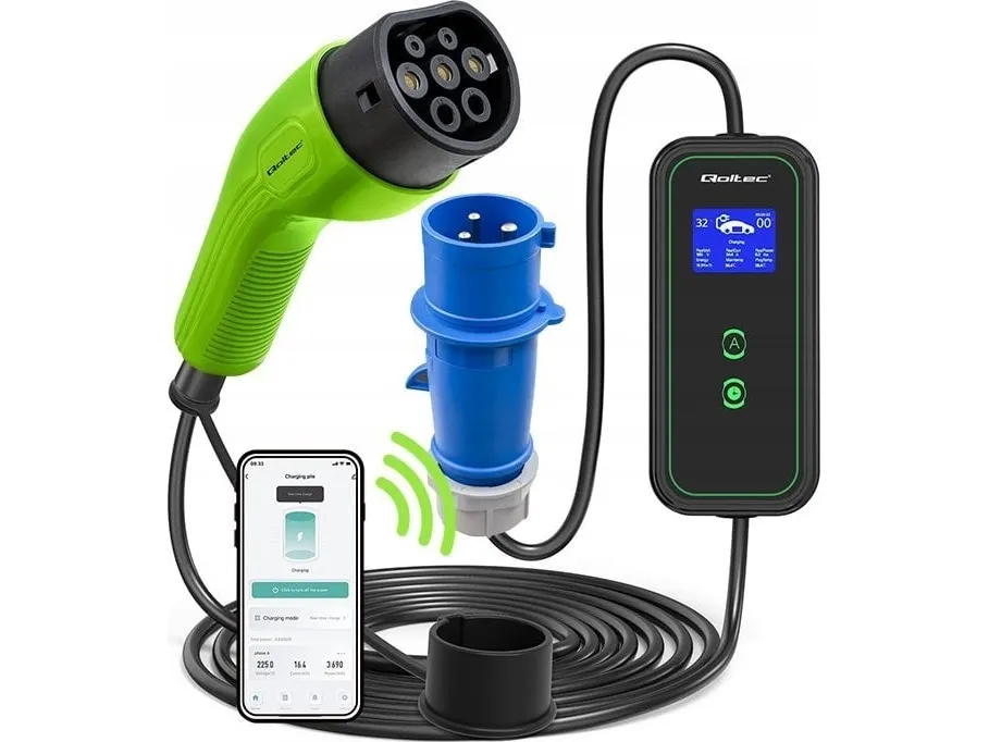 Qoltec - EV-opladningsstation - justerbar, 2-i-1, 230V, CEE 3-pins - 7 kW - 32 A (IEC 62196 Type 2) - sort, grøn
