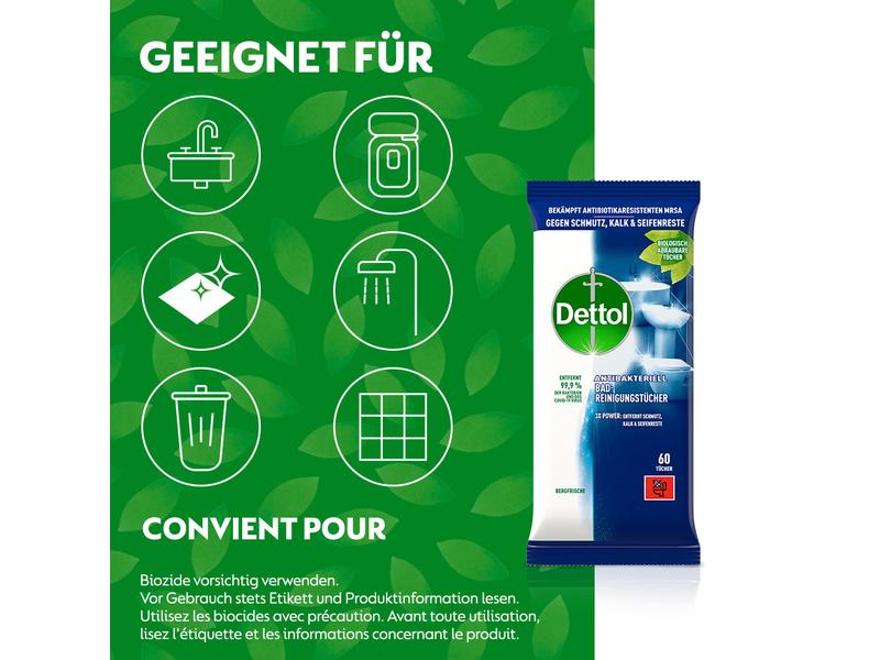 Dettol Bad-Reinigungstücher Bergfrische 60 Stück Antibakterieller Oberflächenreiniger für Bad und Toilette