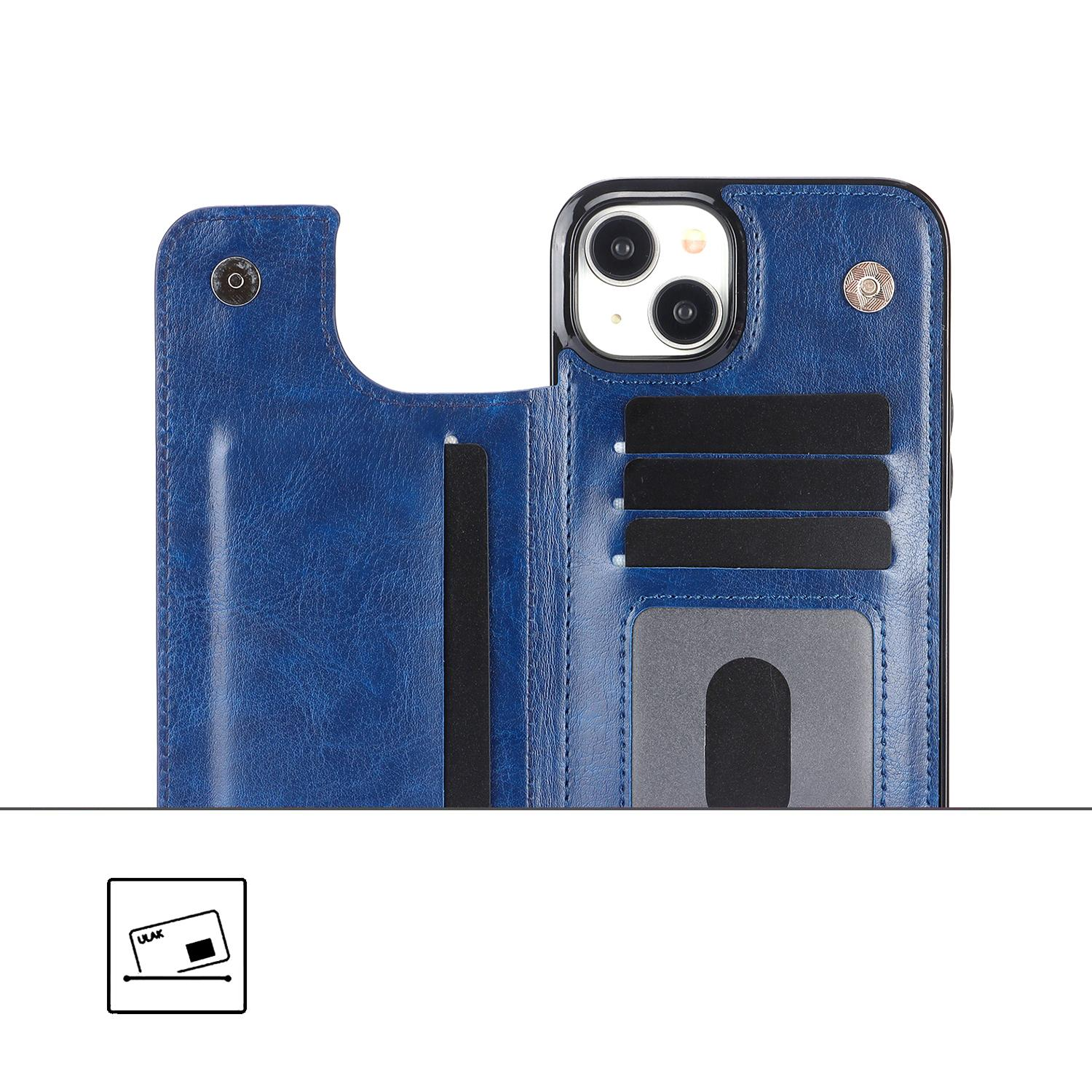 iPhone 15 Hybrid Leder Hülle mit Kartenfach   Kickstand Aufsteller - Blau