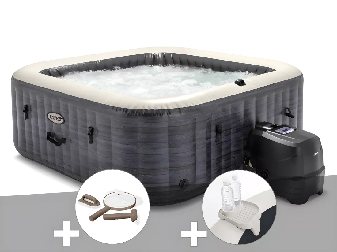 Kit spa gonflable Intex PureSpa Ardoise carré Bulles 6 places + Kit d'entretien + Porte-verre