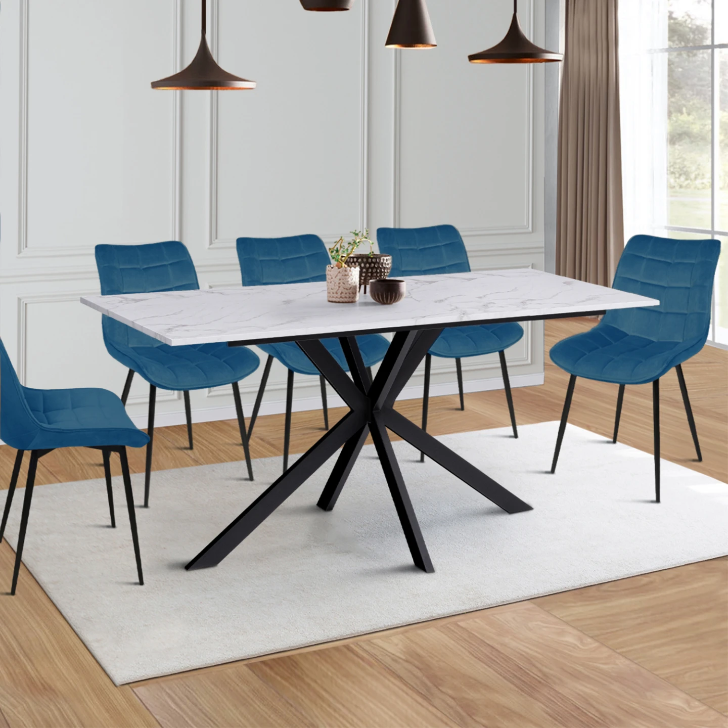 Table à manger rectangle ALIX 8 personnes pied araignée noir et plateau effet marbre blanc ALASKA 160 cm