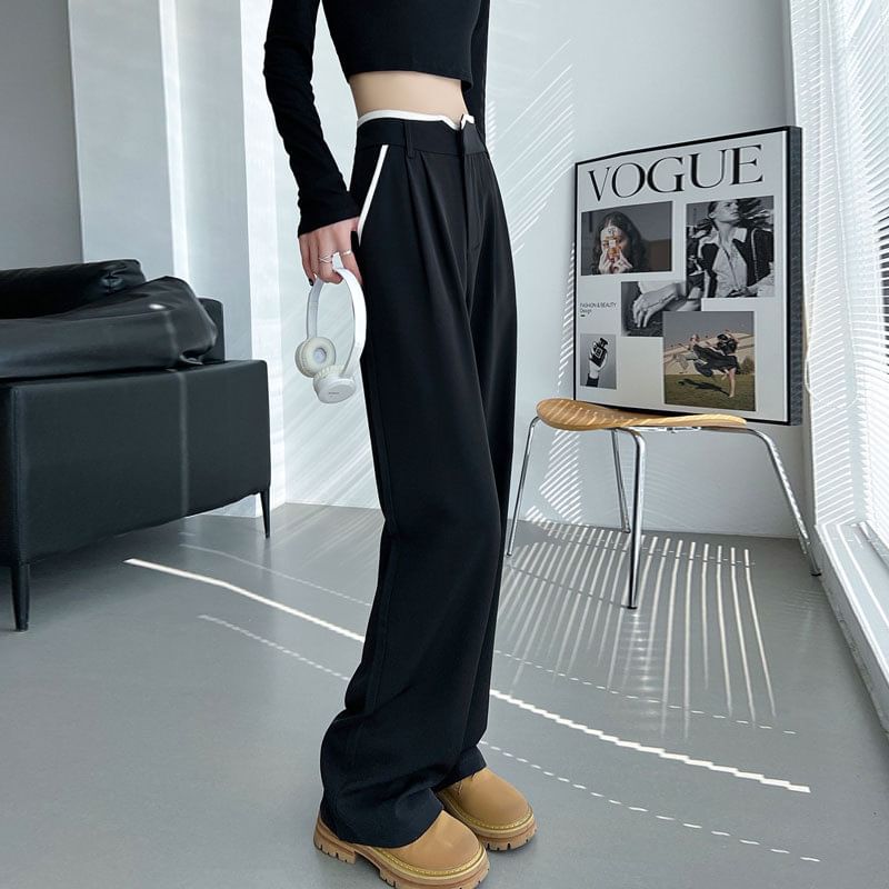 Jaqmine - Broek met hoge taille en contrasterende rand en wijde pijpen