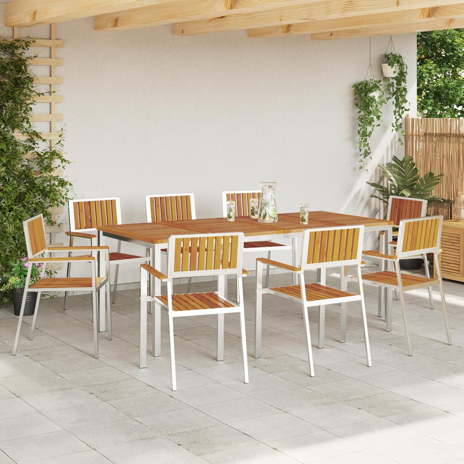 9-teiliges Esszimmer-Set aus massivem Akazienholz mit rechteckigem Tisch 200 x 90 x 74,5 cm und 8 stapelbaren Gartenstühlen, robuste Struktur und natürliches Finish für den Außenbereich