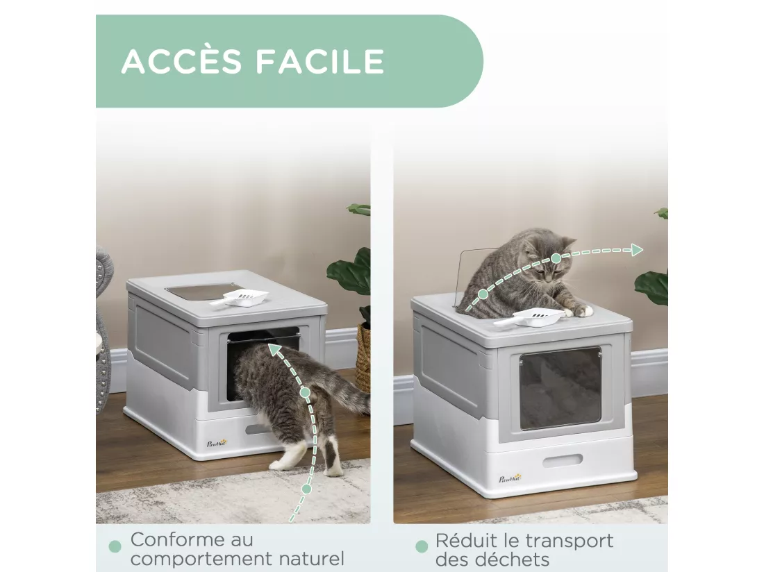 Maison de toilette pliable pour chat - tiroir à litière coulissant, porte battante et trappe transparente, pelle - blanc gris