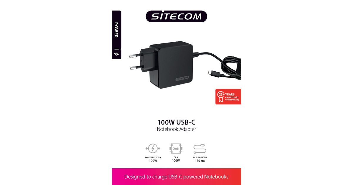Sitecom100W USB-C Notebook Power Adapter oplader  (Zwart, 1,8 meter)