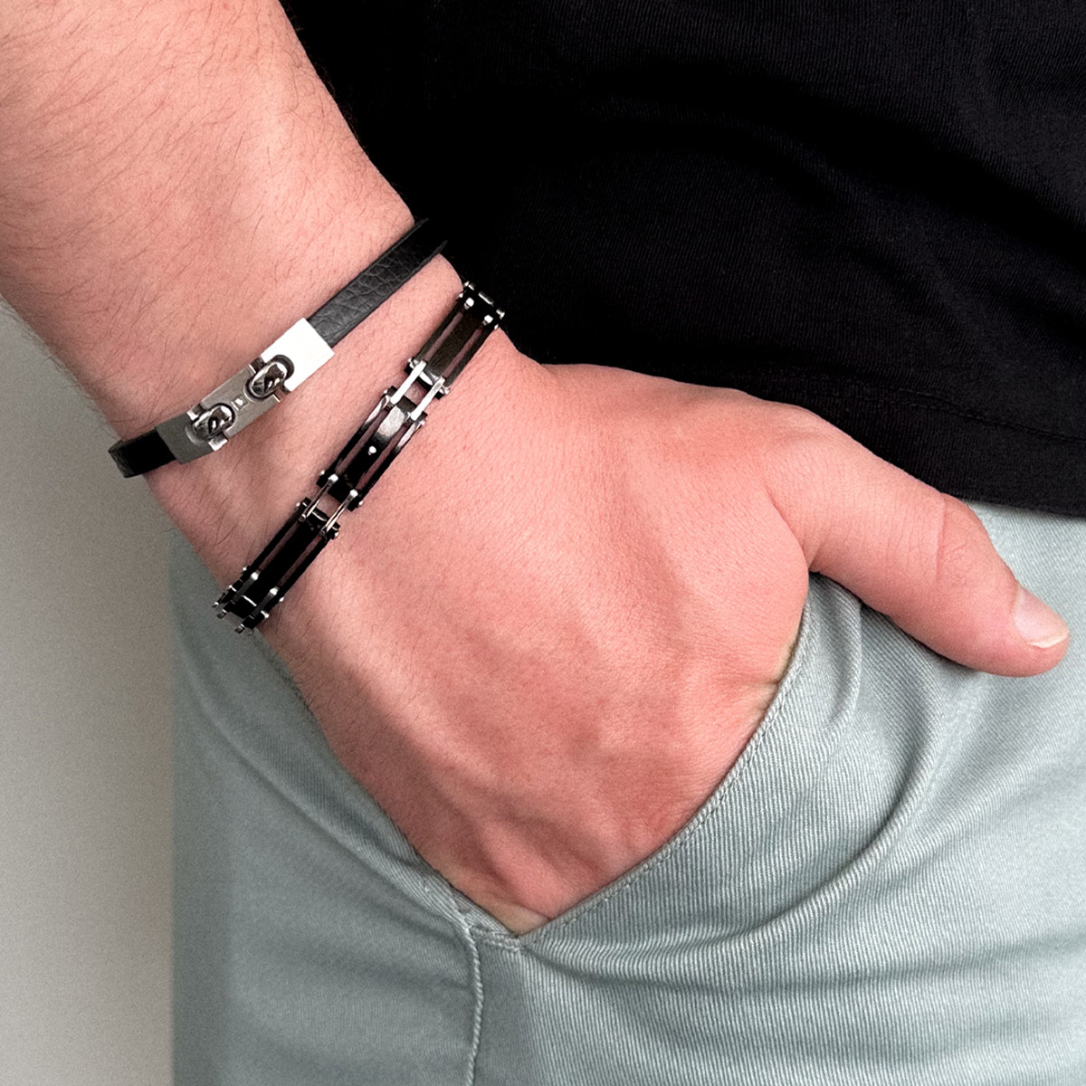 Bracelet cuir noir acier 21 cm