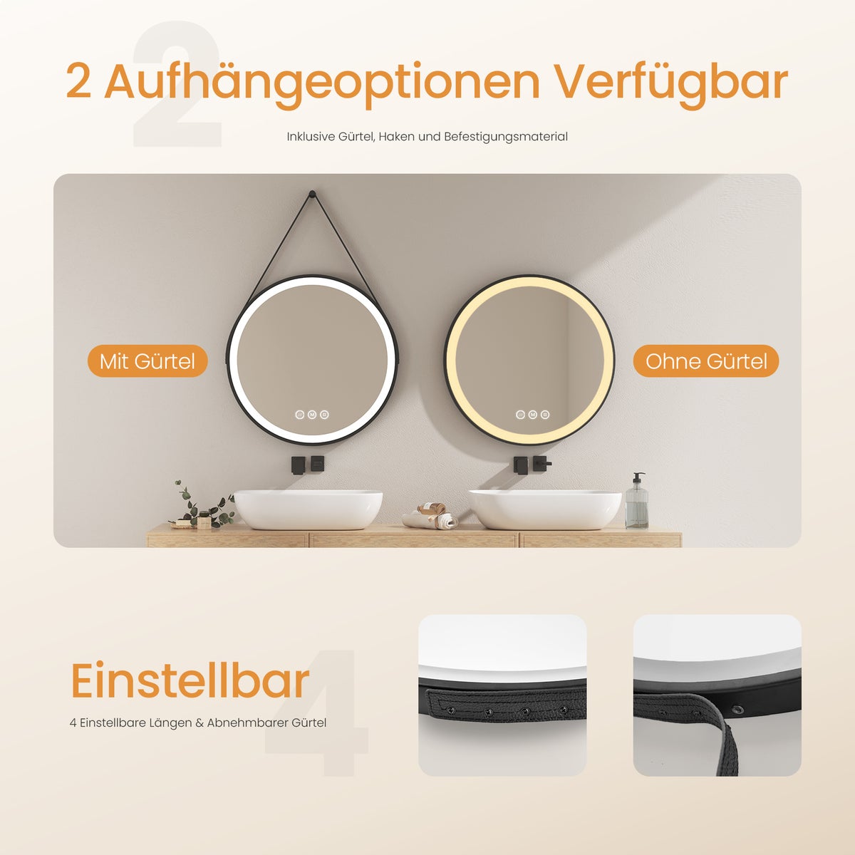 EMKE Badkamerspiegel met verlichting, LED-spiegel met aanraakschakelaar, rond, anti-condens, 3 dimbare lichtkleuren, Ø 60 cm