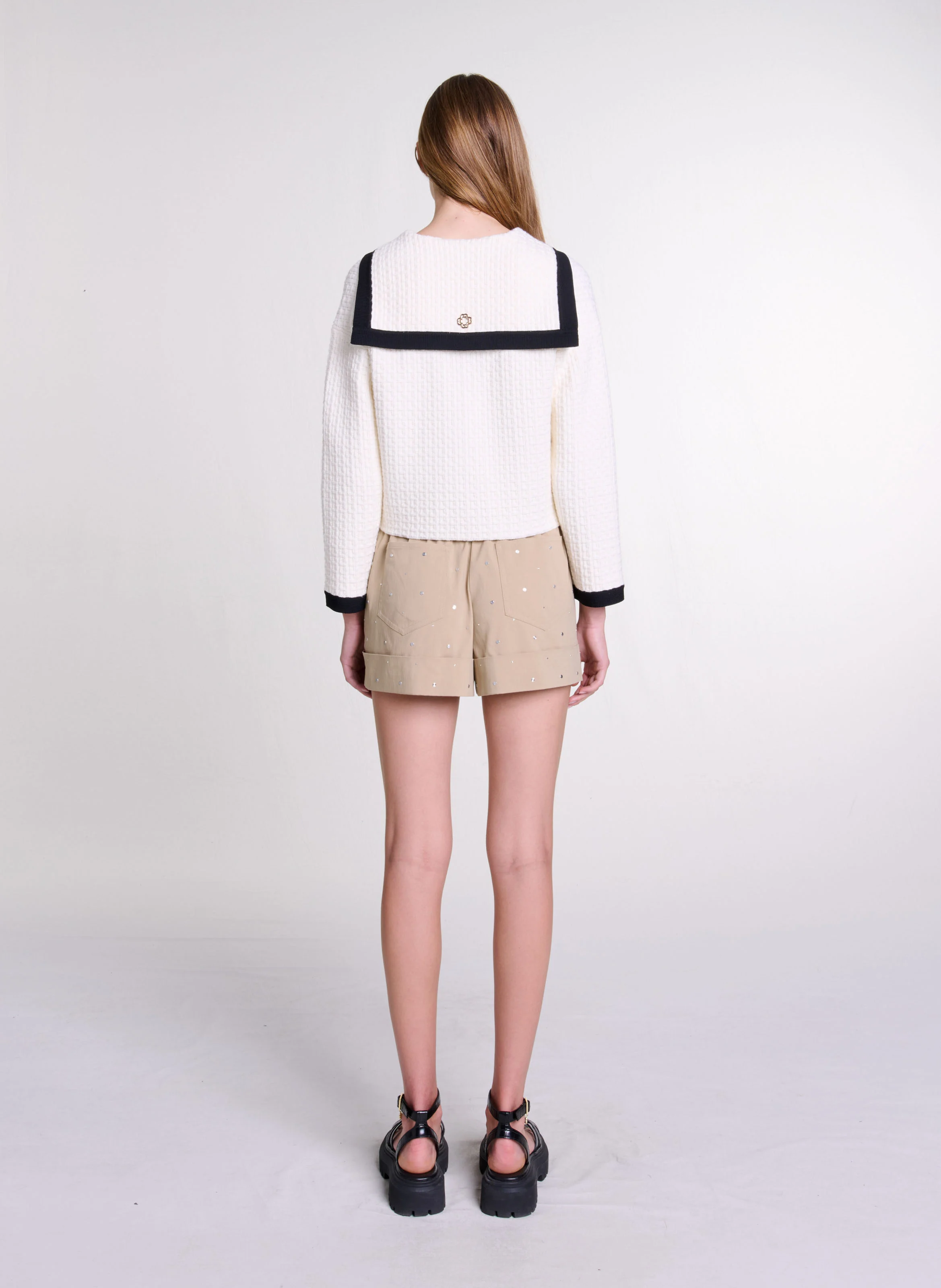 Cardigan court col marin en coton texturé | Beige