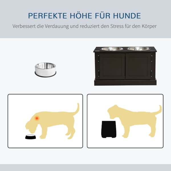 Hevede hundeskåler med oppbevaringsplass, 2 skåler, for store hunder, vannskål, matskål, hundeskålstativ, 60 cm x 30 cm x 34 cm, kaffe