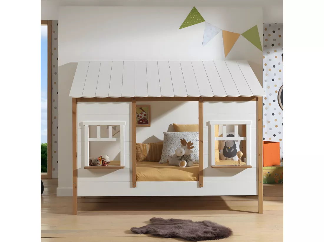 LAKA - Lit Maison 90x200cm Blanc et Pin Naturel