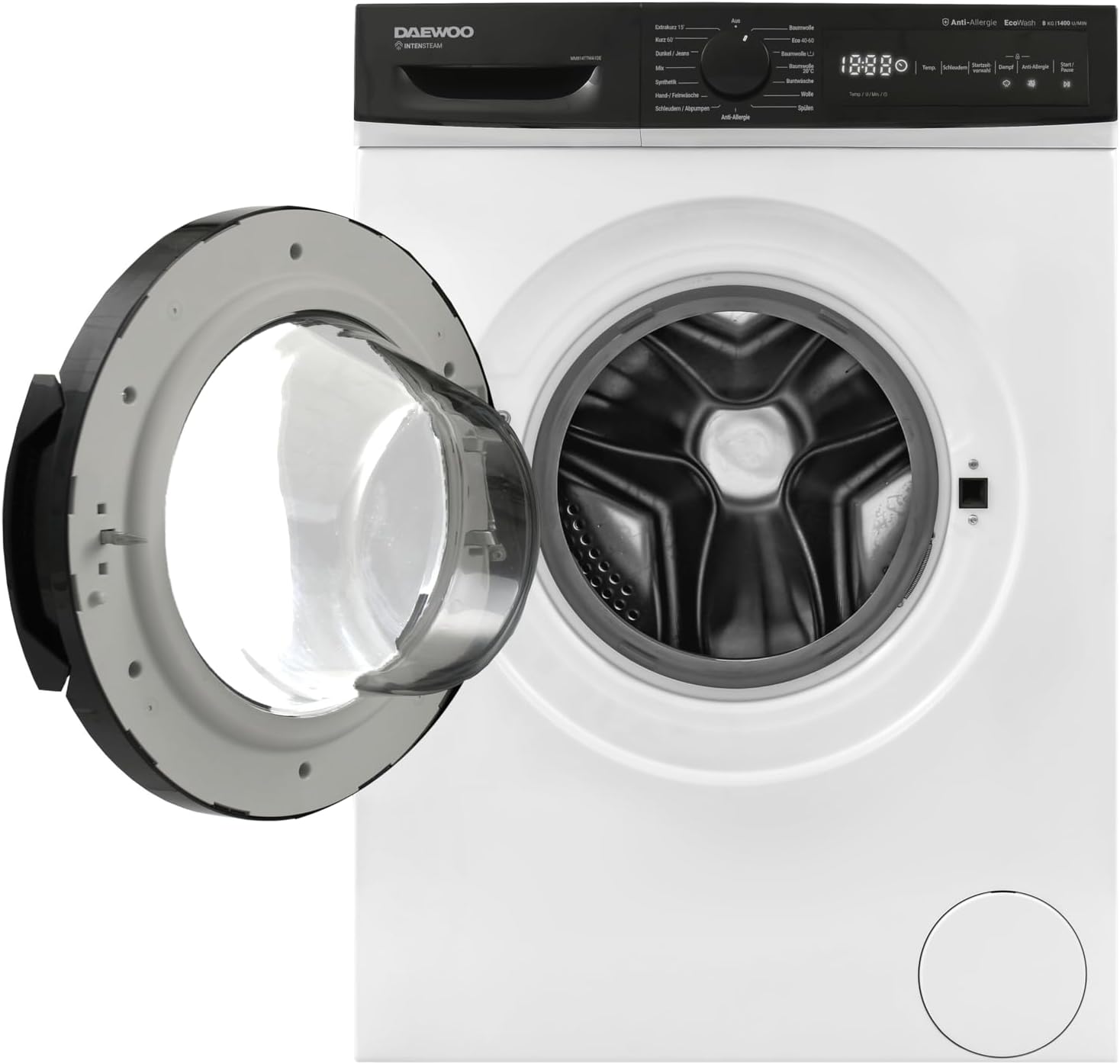 Daewoo WM814TTWA1DE Frontlader Waschmaschine 8 kg, Weiß/Schwarz