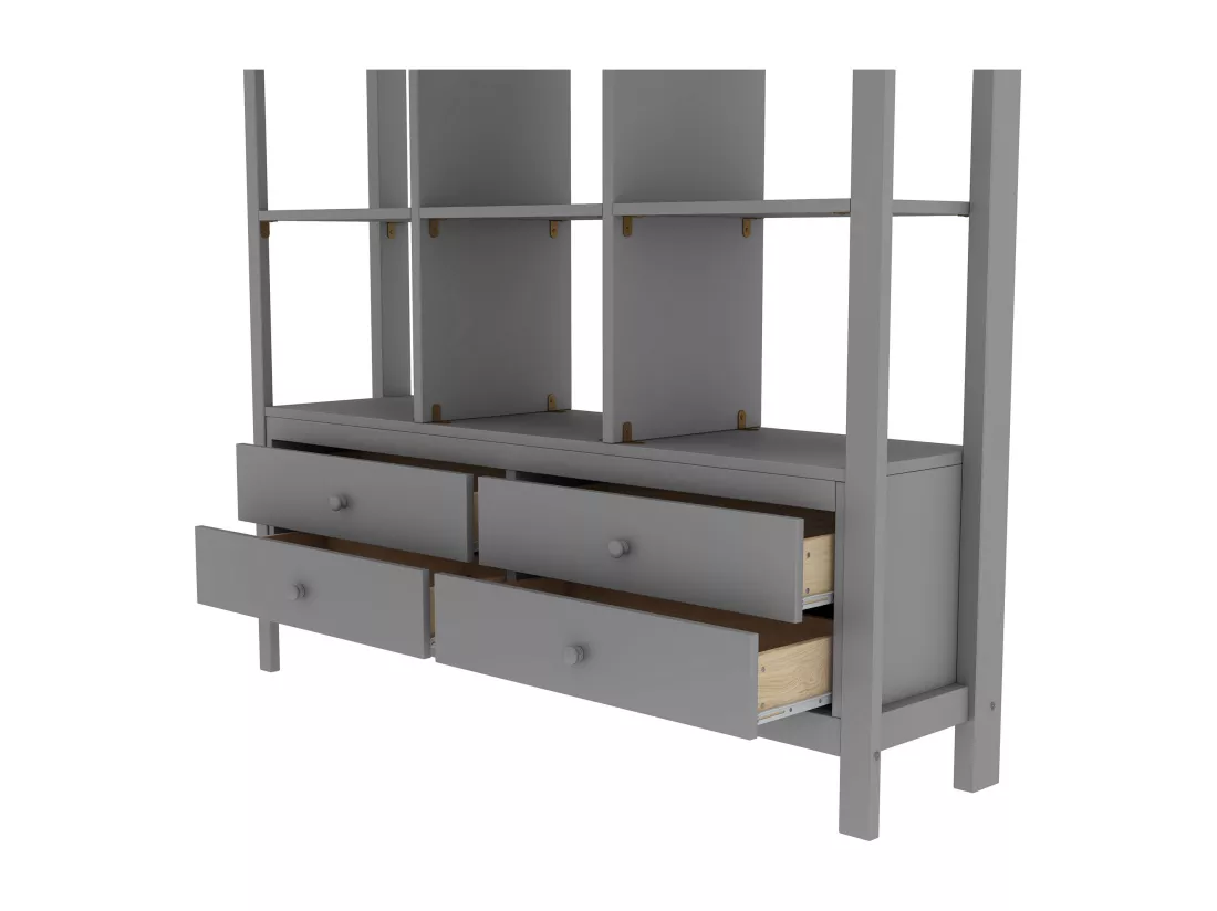 Lit mezzanine 140x200cm en pin massif avec bureau + tiroirs + étagères + sommier à lattes - Gris