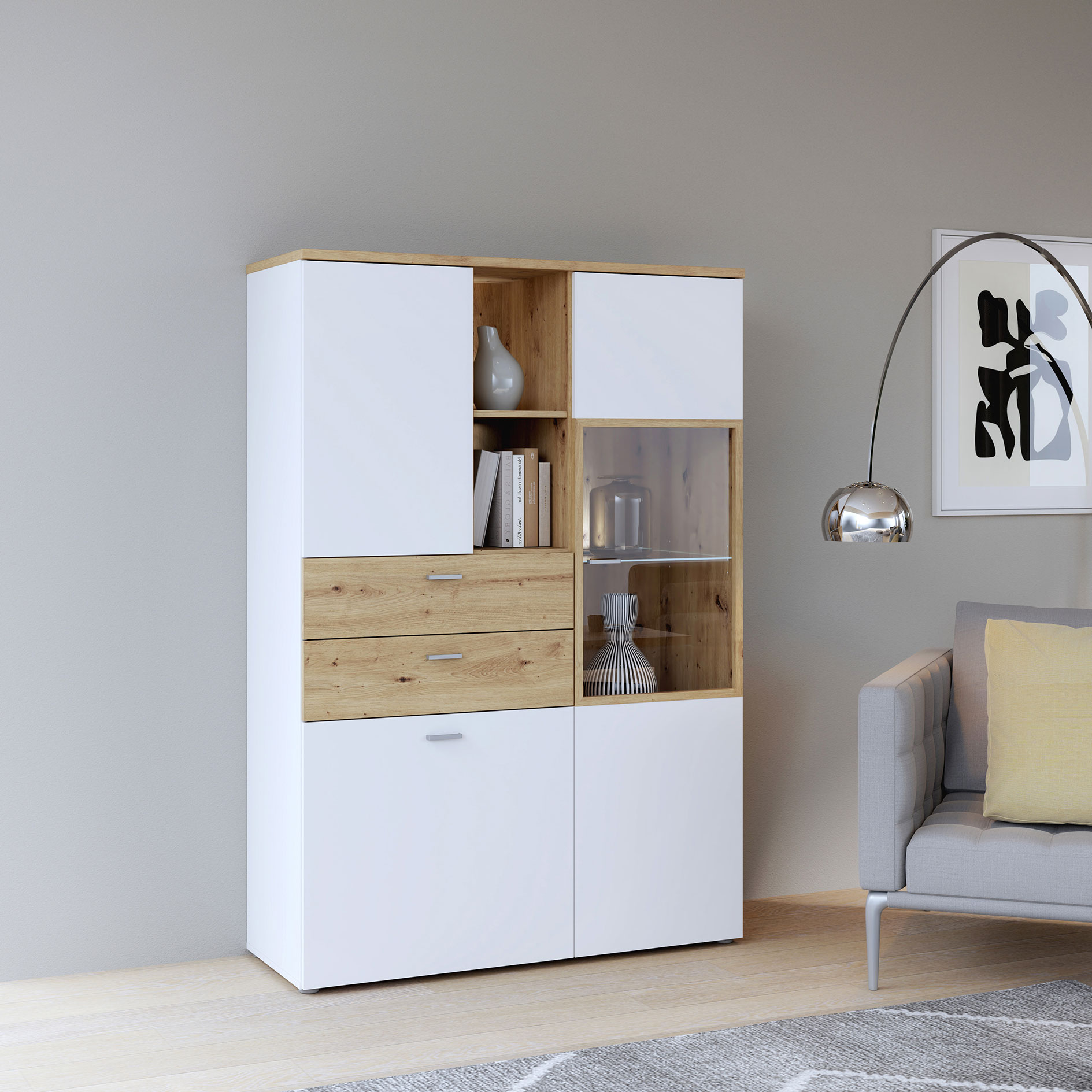 Highboardvitrine - weiß - Artisan Eiche - 110 cm breit