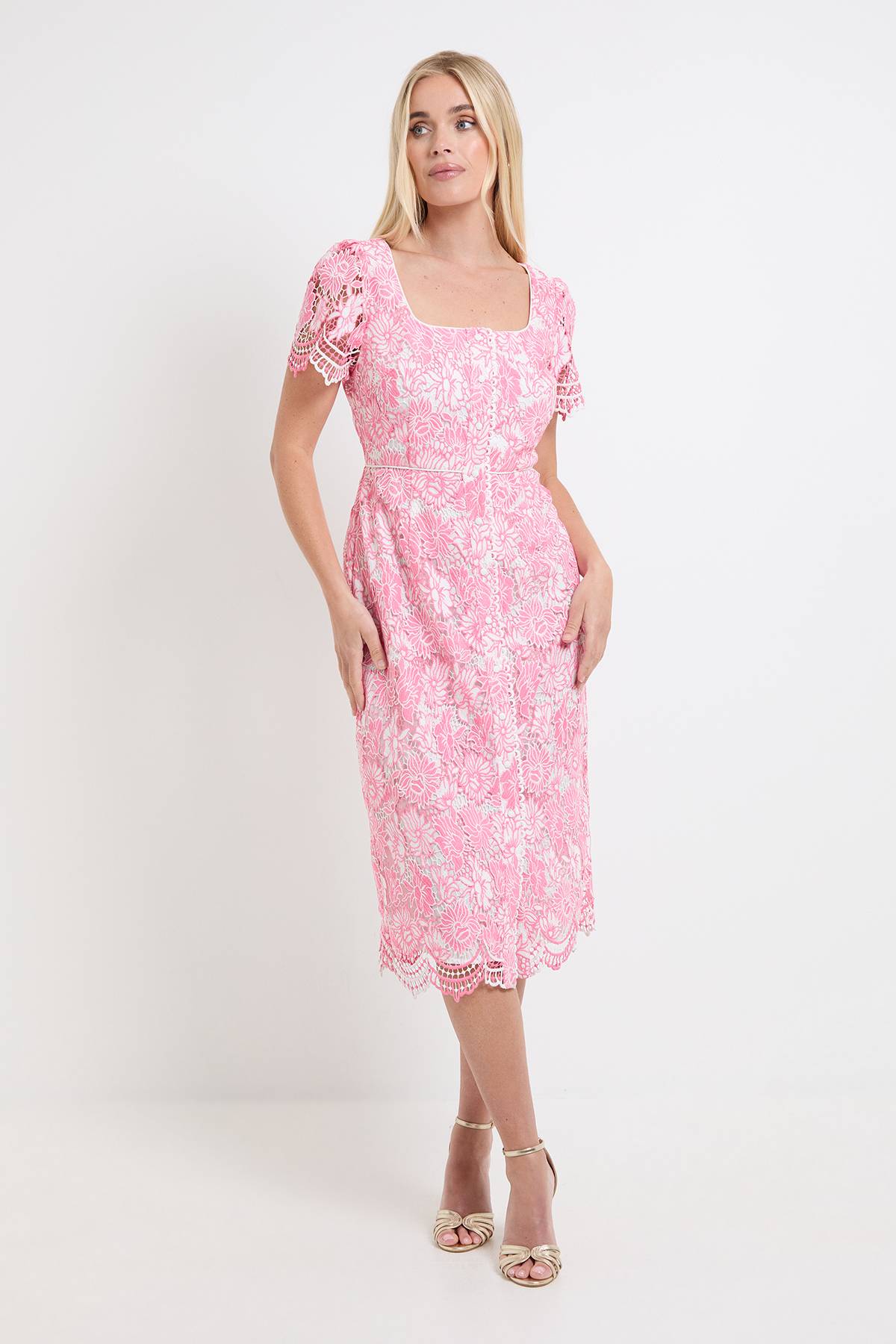 Wallis Robe Midi Boutonnée En Dentelle Contrastée Petite