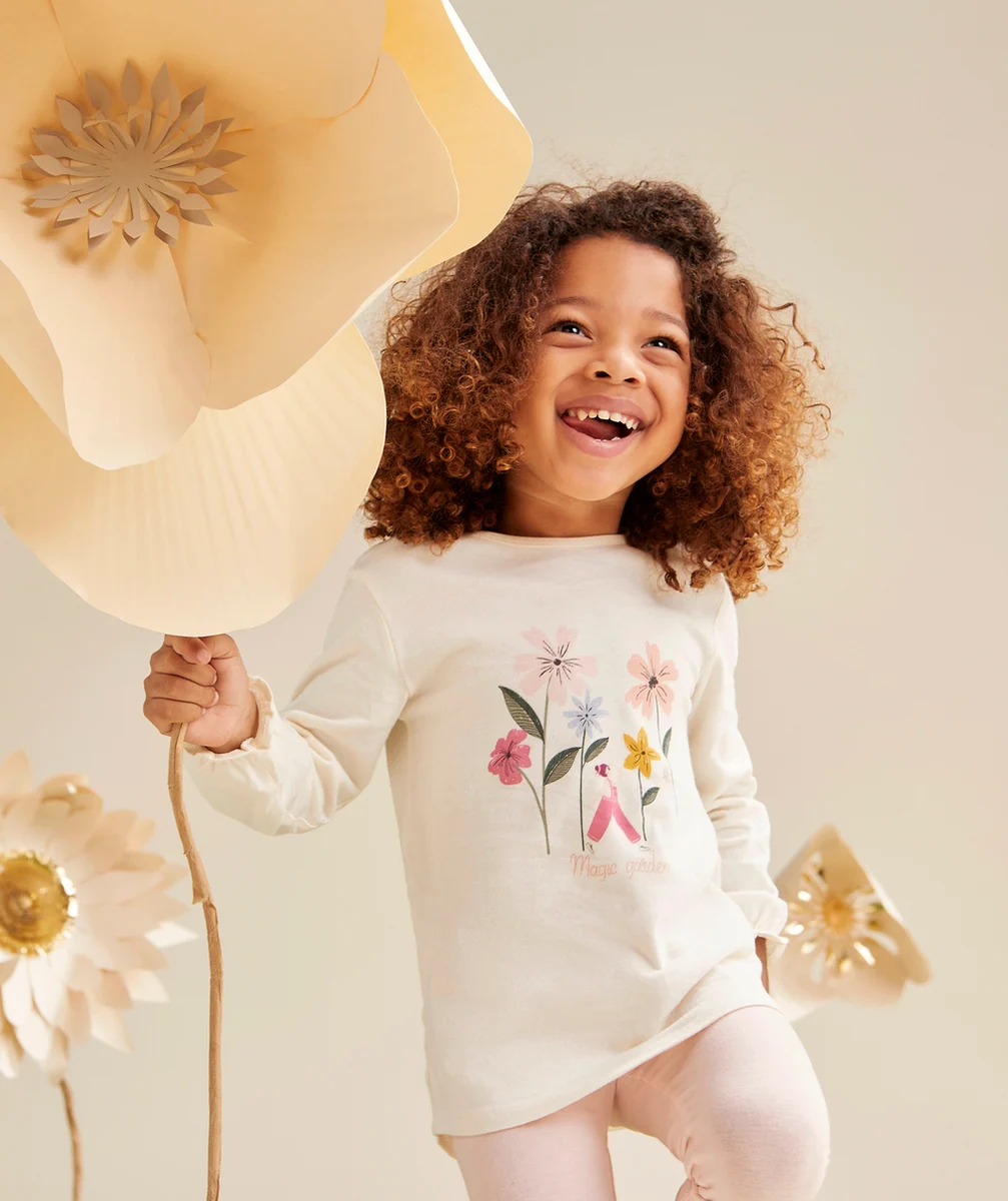 PYJAMA FILLE EN COTON ROSE PÂLE ET ÉCRU AVEC FLEURS