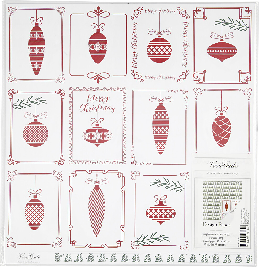 Designpapir - Julekugler Og Juletræer - 30,5X30,5 CM - 180 G - 5 Ark