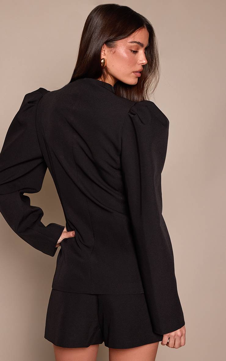 Noir Blazer Cintré À Manches Froncées