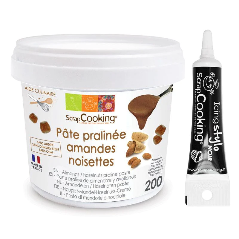 Pâte de praliné amandes-noisettes 200 g + Stylo de glaçage noir Scrapc