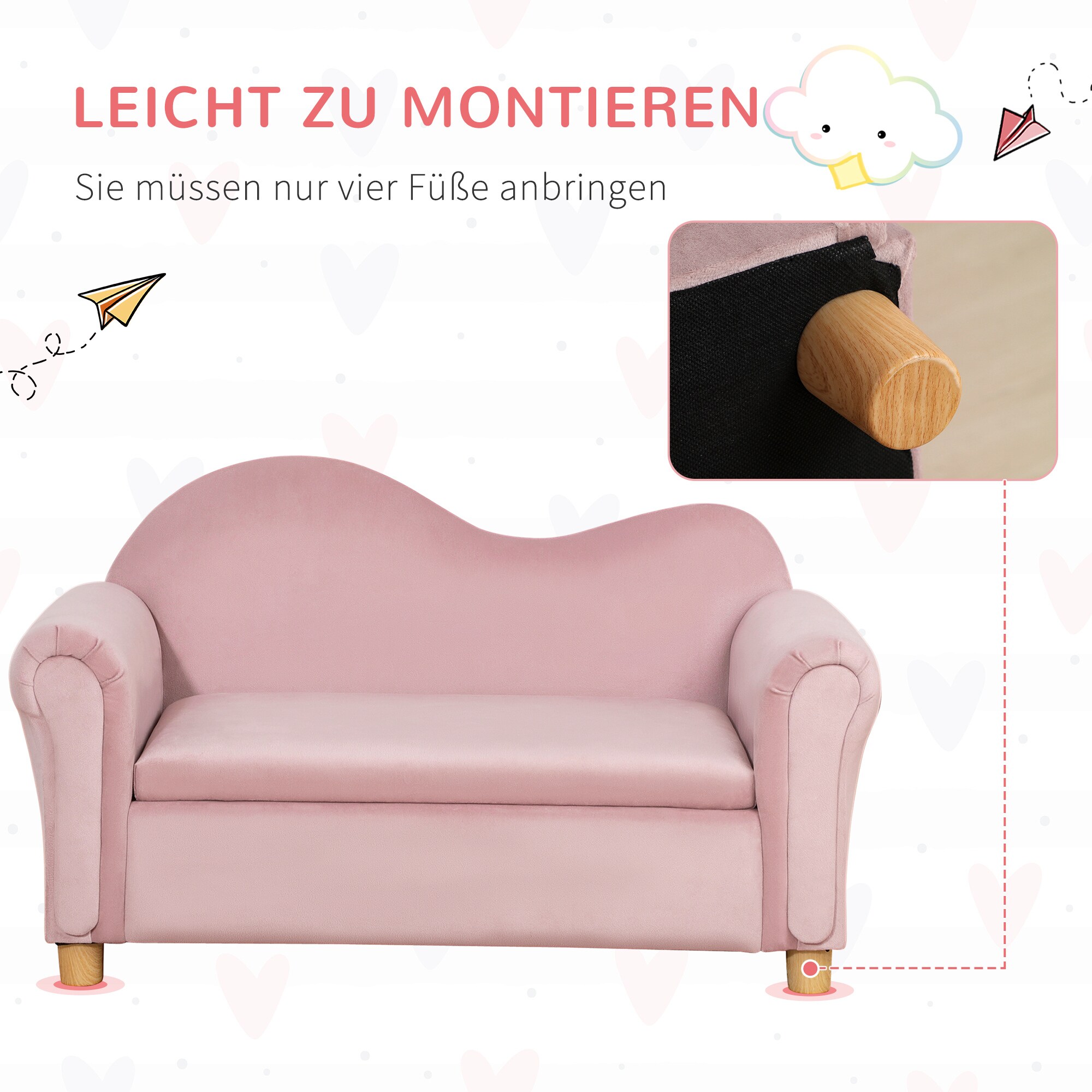 HOMCOM Kindersofa mit Stauraum rosa 84L x 41,5B x 48,5H cm