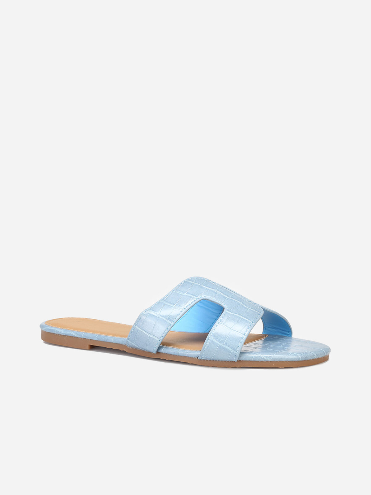 Mules imprimé croco avec brides ajourées- Bleu
