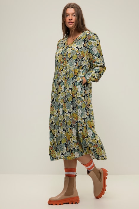Kleid, A-Line, Flower Print, V-Ausschnitt, Langarm