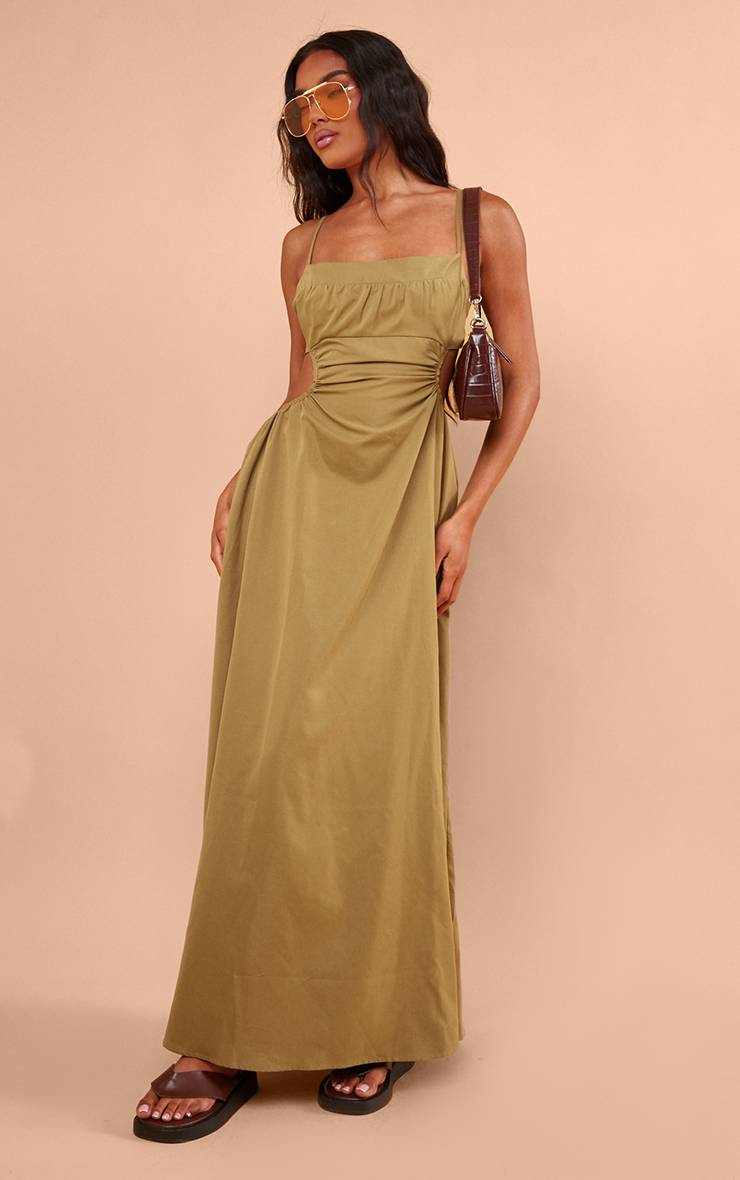 Vert Olive Robe Longue Dos Découpé