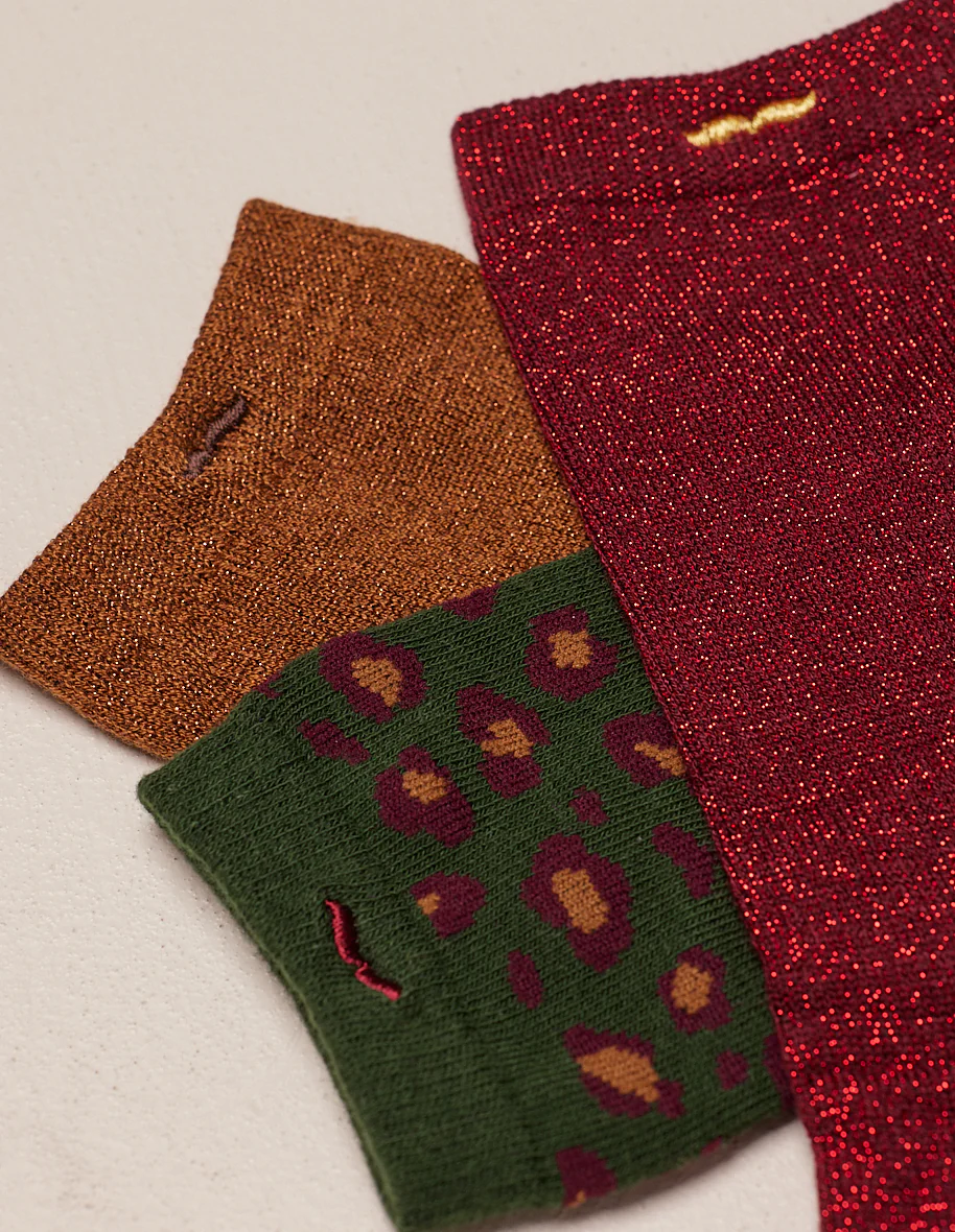 Pack de 3 chaussettes - Léopard Bordeaux vert