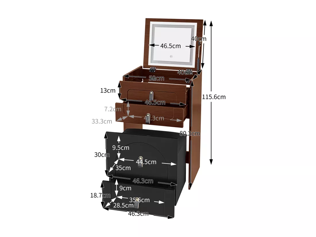 Coiffeuse avec 3 tiroirs, plateau pliable et 1 tabouret - 50 x 40 x 115.6 cm - miroir lumineux LED intégré - Bois MDF - Noir