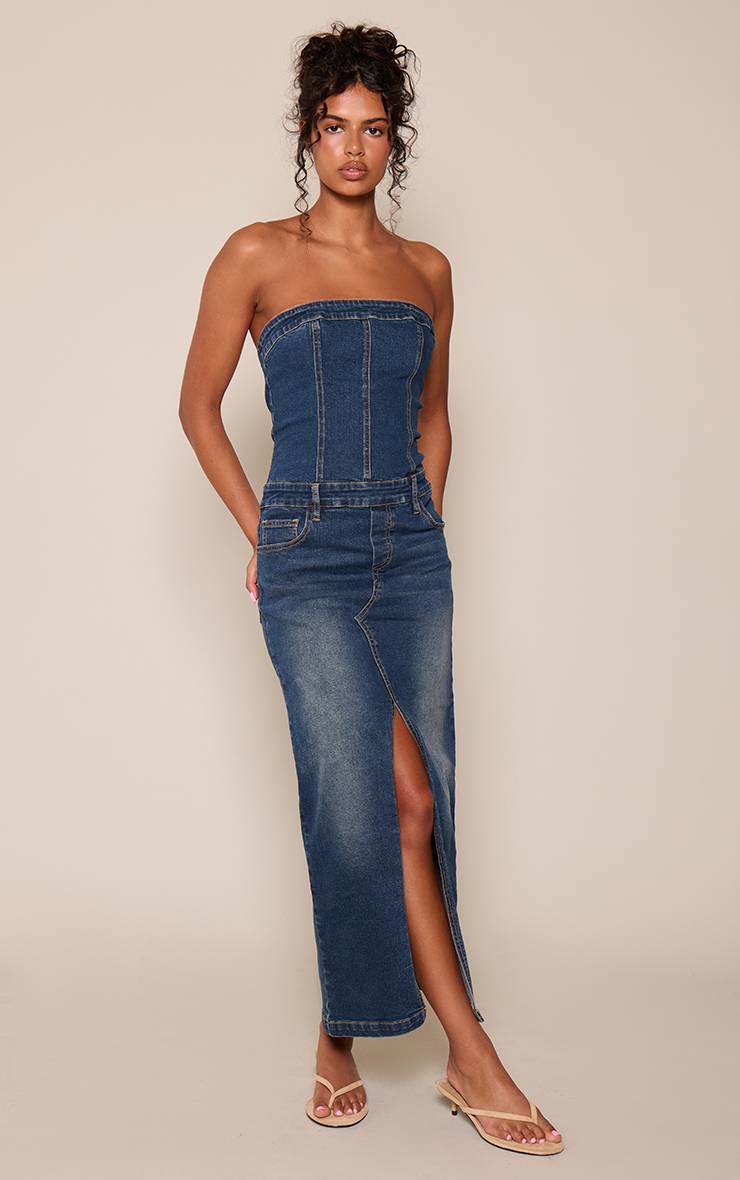 Vintage Robe Longue En Denim Stretch Bleu Foncé À Détail Bustier