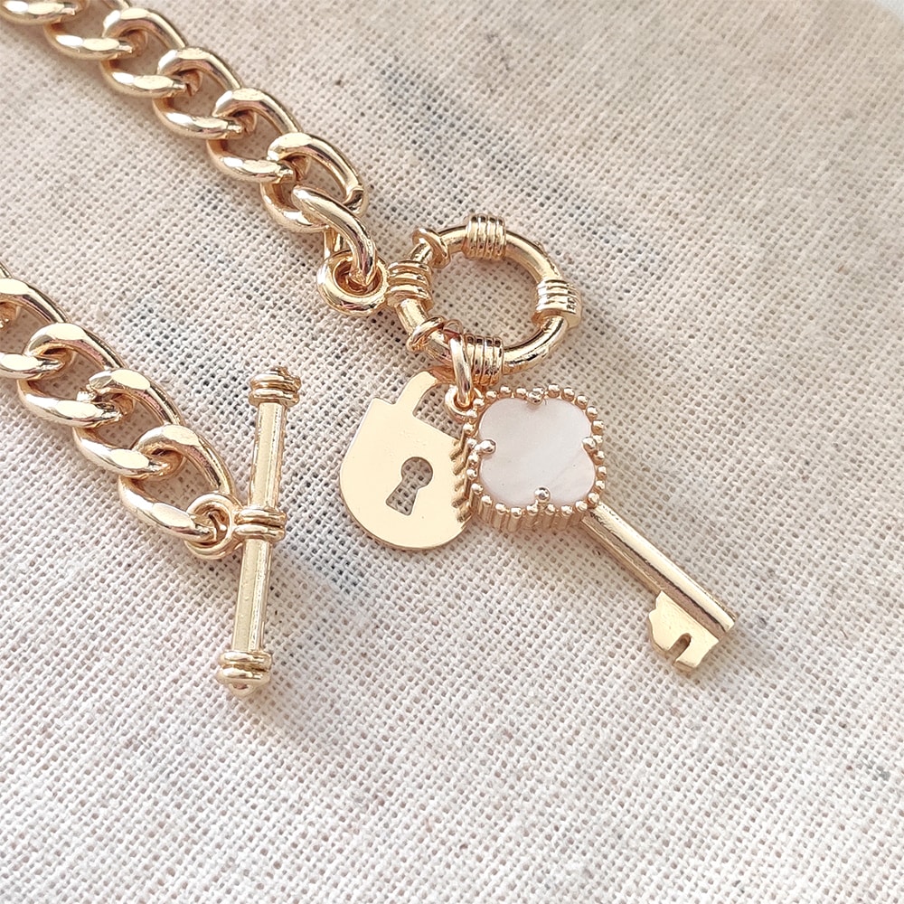 Bracelet cadenas & trèfle - Laiton plaqué or & nacre blanche