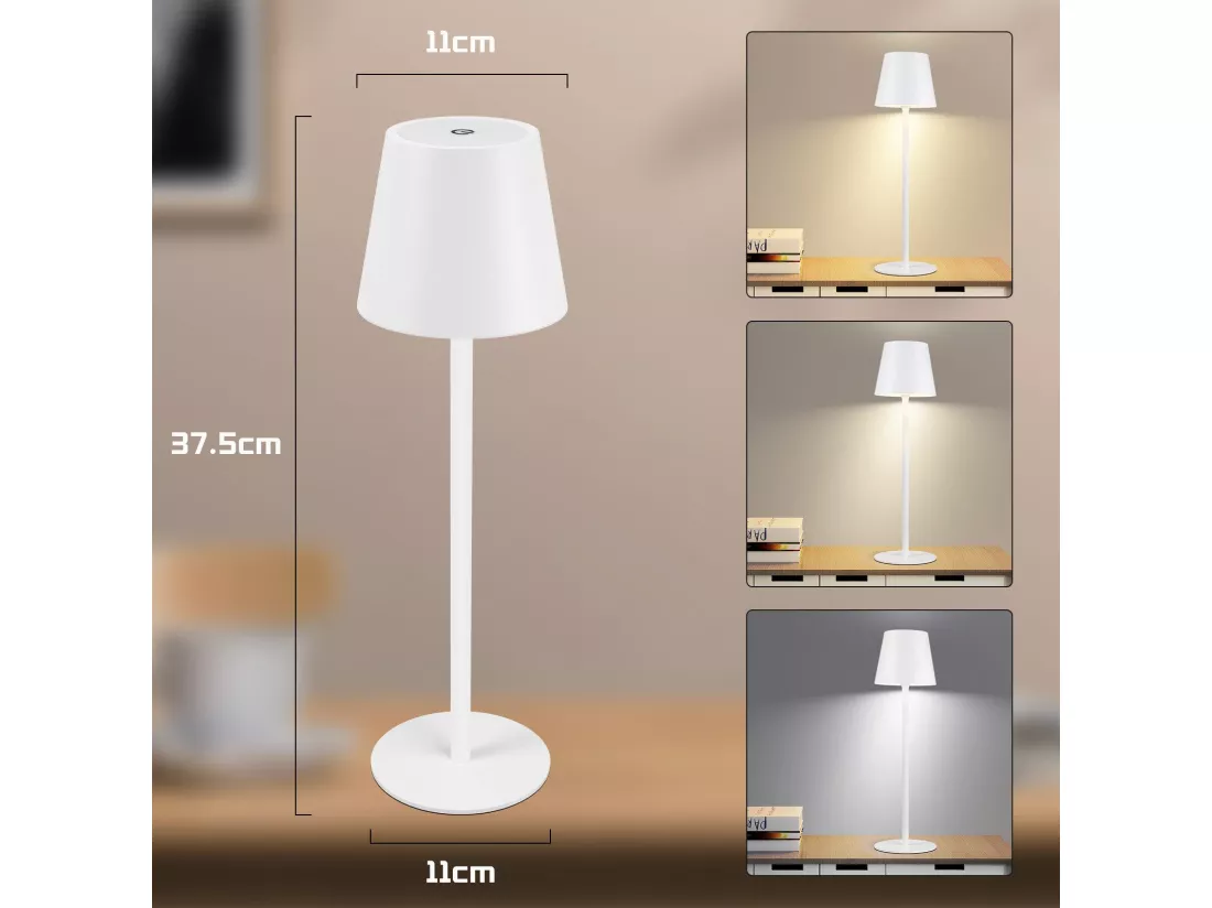 Nettlife Lampe de chevet sans fil, LED 2600mAh, lampe de table extérieur rechargeable, tactile, blanche, avec prise USB