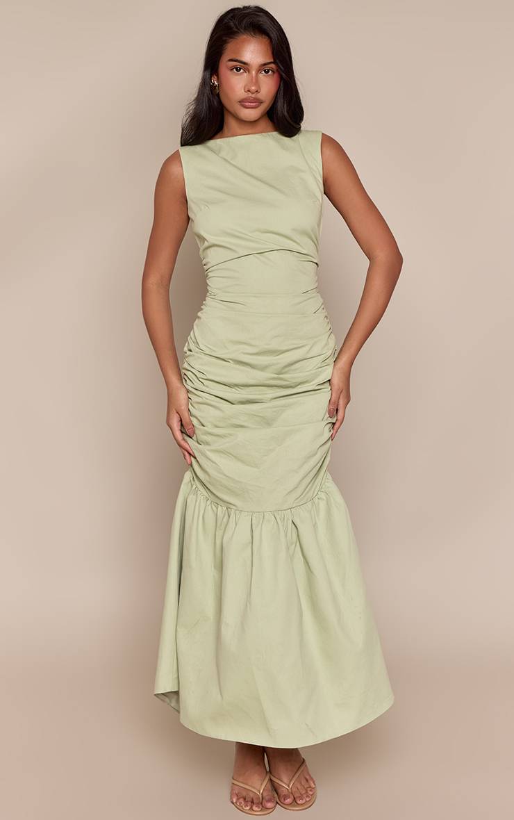 Vert Sauge Robe Mi-longue Froncée À Ourlet Évasé