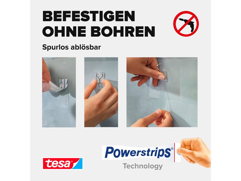 tesa Klebehaken Powerstrips Haken Small Transparent, 0.5 kg Selbstklebende Haken mit abnehmbarem Drahthaken – wiederverwendbar – Montage ohne Bohren
