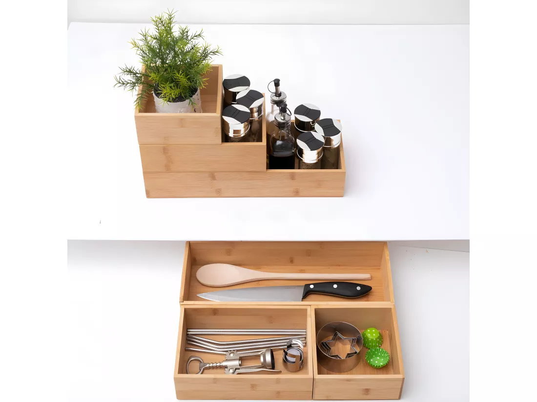 Organiseur de cuisine 3 rangements superposables et coulissants en Bambou