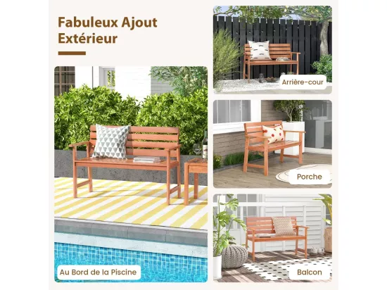 Banc de Jardin en Bois Massif, Banc d'Extérieur à 2 Places avec Accoudoirs, Siège à Lattes pour Parc, Porche, Cour, Charge 180 KG, 120,5 x 64 x 84 CM (L x l x H), Naturel