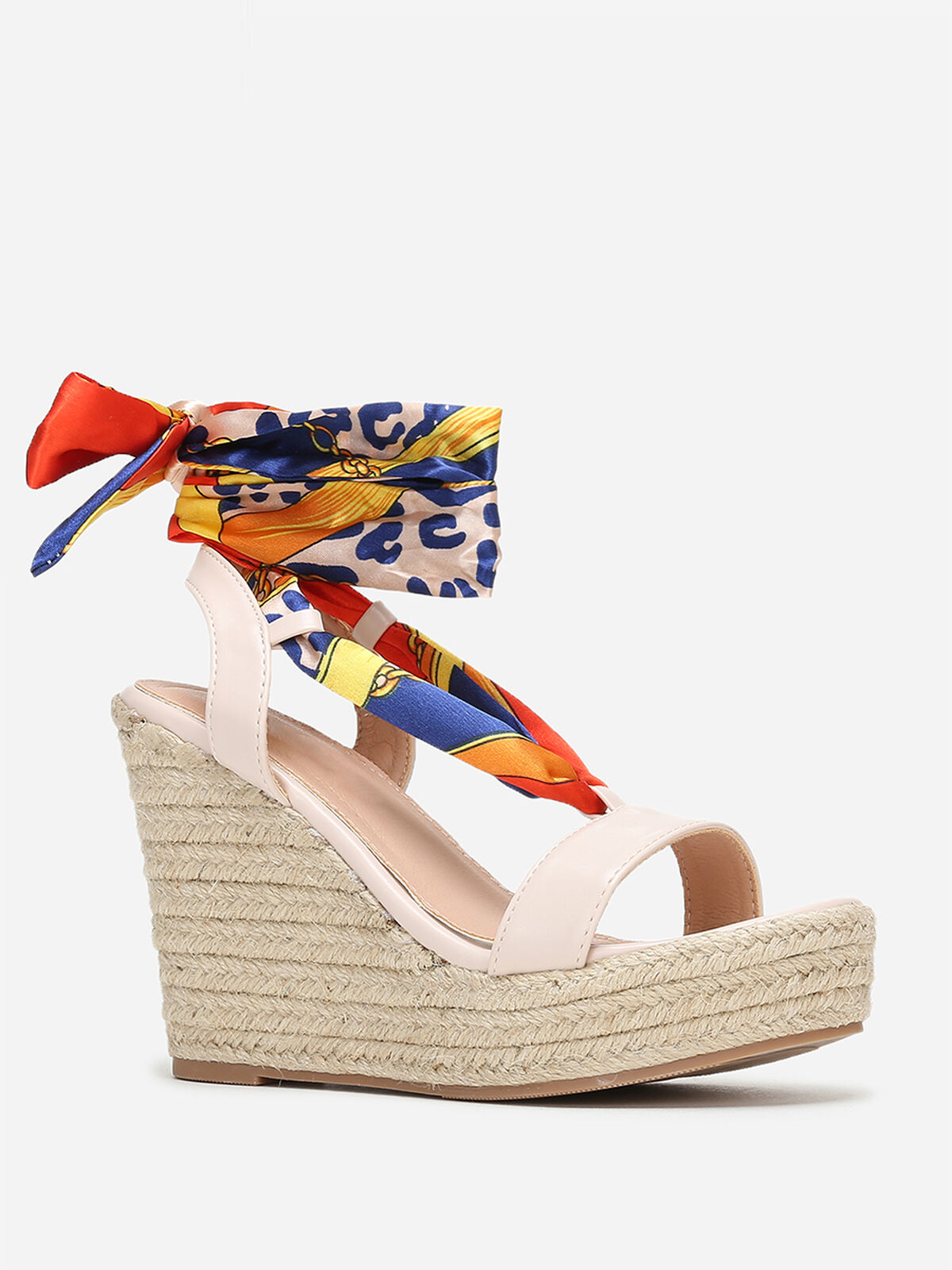 Sandales compensées à ruban imprimé- Beige