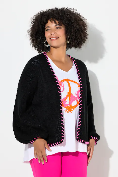 Strickjacke, Straight Fit, Zierkanten, Ballonärmel, schwarz