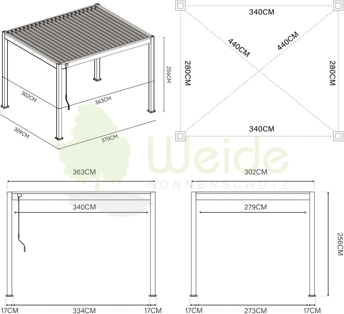WEIDE - Classic Terrassenüberdachung freistehend mit einstellbarem Stahl-Lamellendach I Pfosten aus Voll-Aluminium I Robustes Terassenüberdach I wasserdicht (Anthrazit, 3 x 3,6 M)