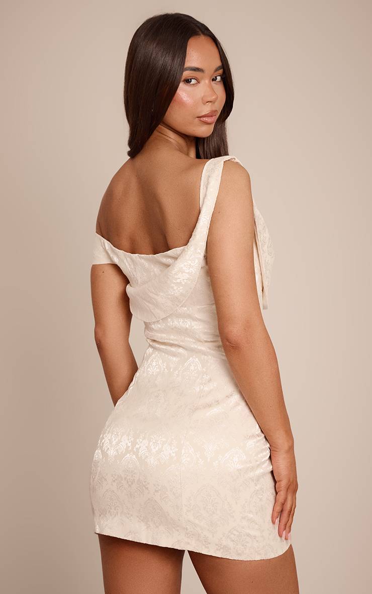 Crème Robe Mini Drapée En Jacquard Brodé